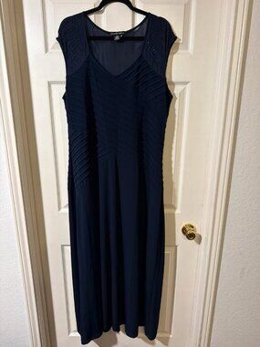 Candalite Navy Pintuck Maxi Dress Sheer Mesh Neckline Rhinestone Shoulders 2X